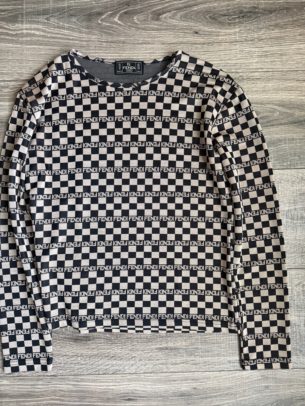 Fendi Black & White Checkerboard Logo Crewneck Top